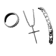 Men's Cross Necklace Ring Bracelet Suit